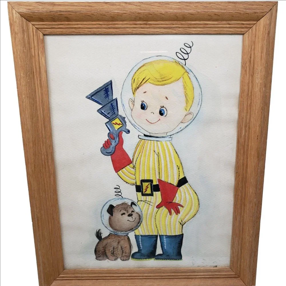 Vintage Child Art Paintings Pirate Astronaut Set Framed Watercolor Signed